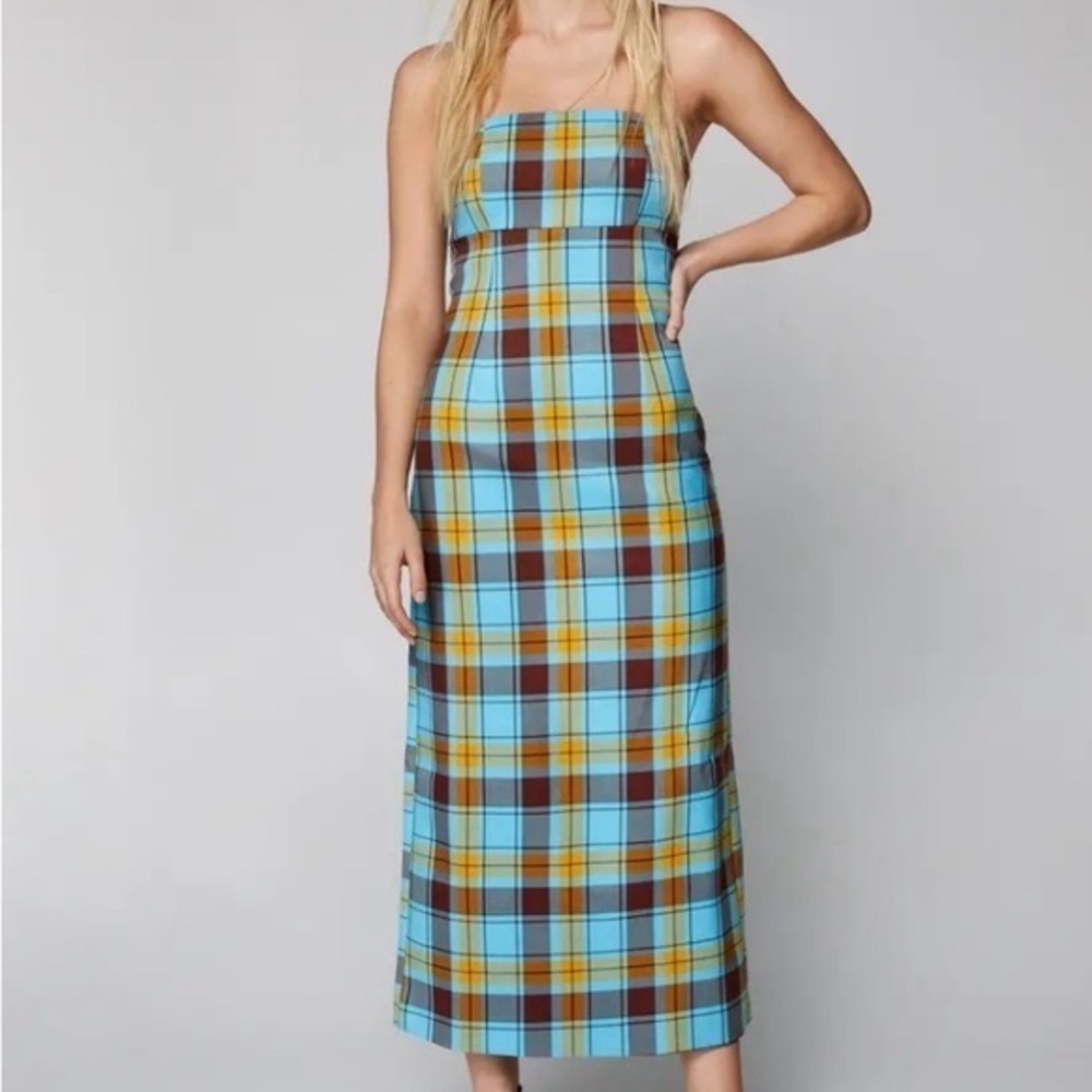Nasty Gal Strapless Plaid Midi Cocktail  Dress  - Size 8 - NWOT